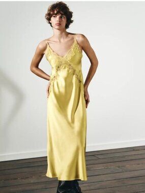 Elegant Yellow Lace Trim Slip Dress